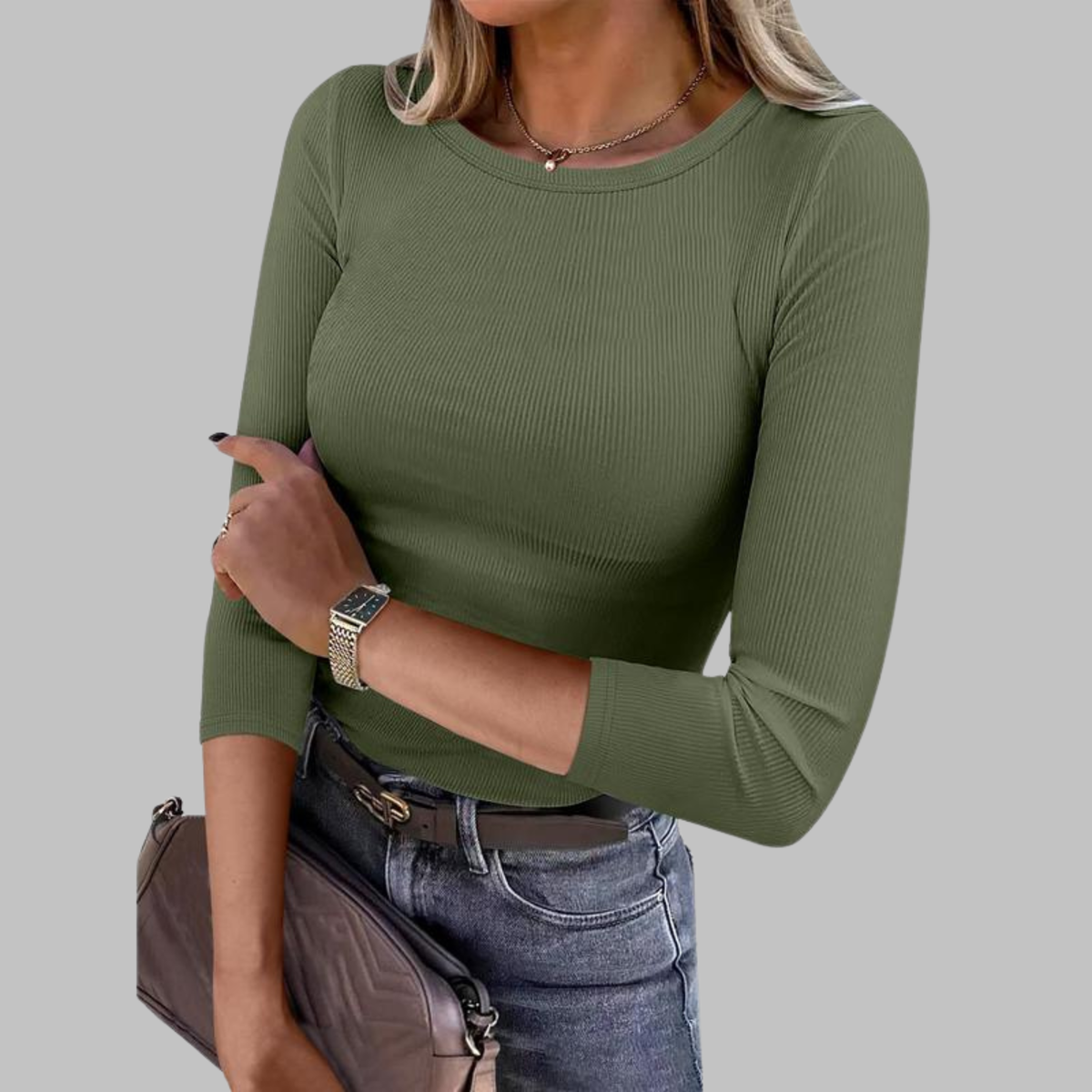 DAVINA - Casual Plain Crewneck Slim-Fit Top