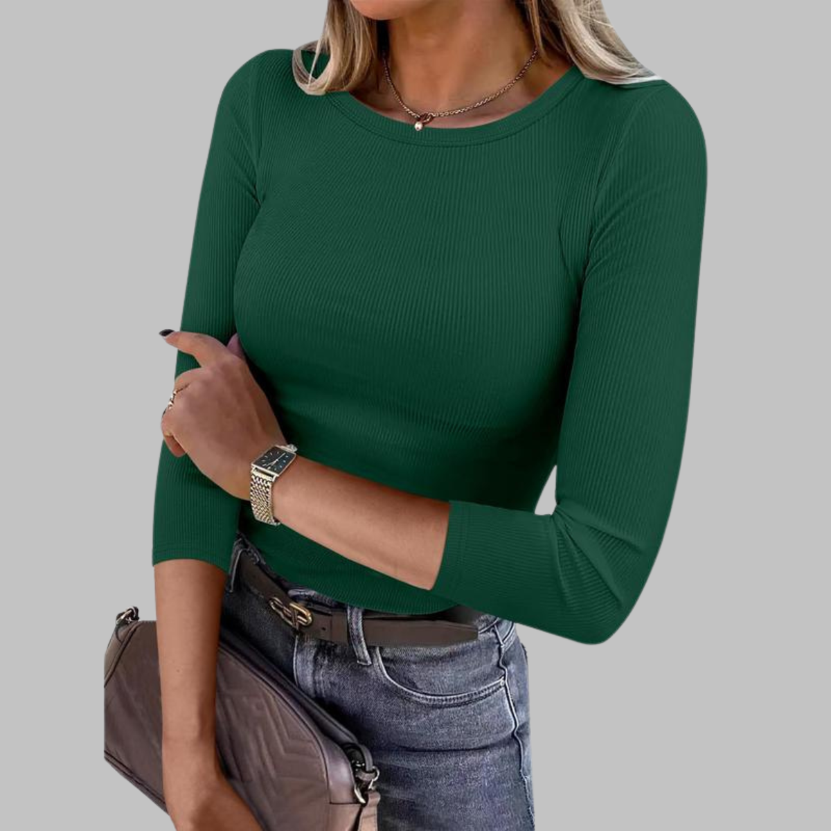 DAVINA - Casual Plain Crewneck Slim-Fit Top