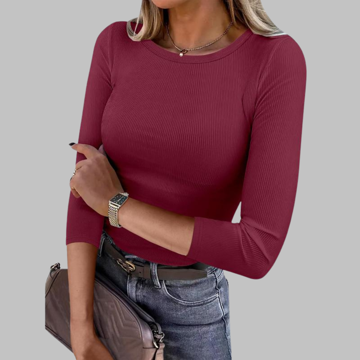 DAVINA - Casual Plain Crewneck Slim-Fit Top