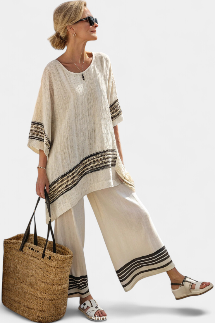 Alodia™ Elegant Two-Piece Set | Striped Top and Wide-Leg Trousers