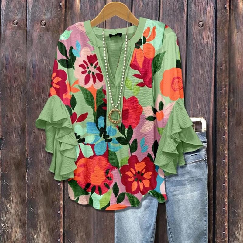 Belina| Women Classy Vintage Retro Floral Ruffle Top