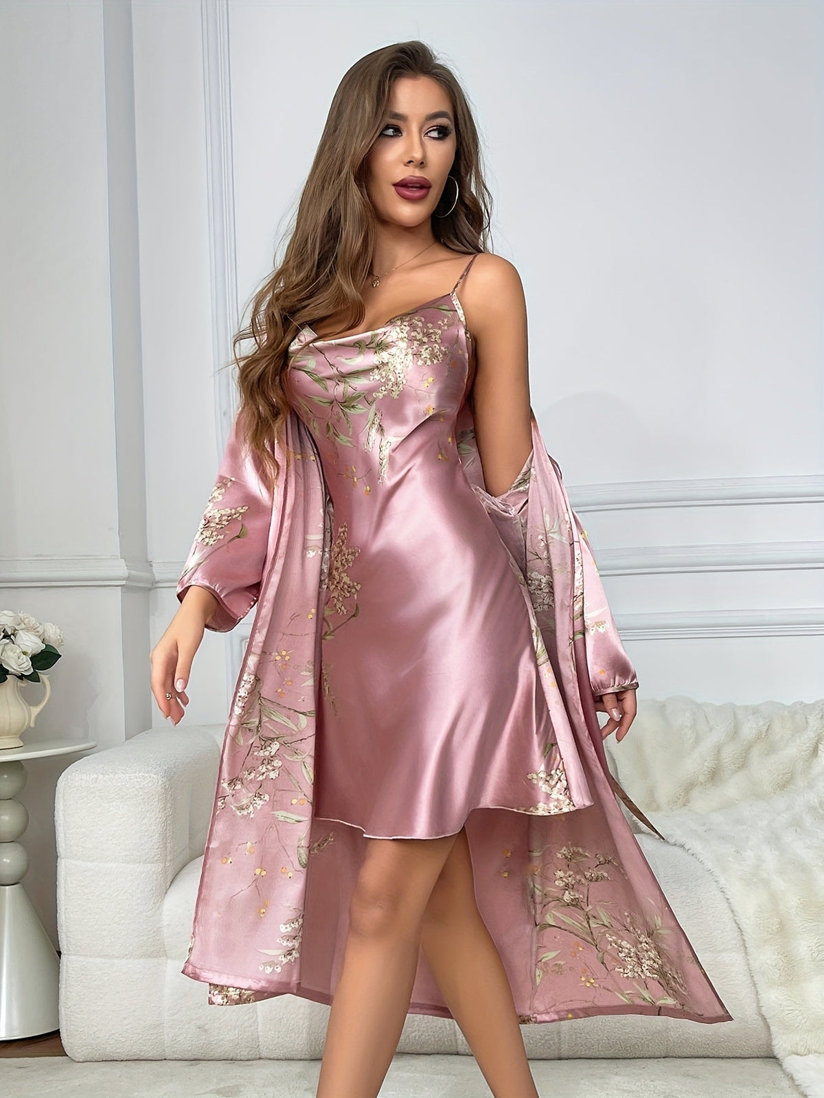 Rosalynn | 2-Piece Floral Satin Camisole &amp; Robe Set