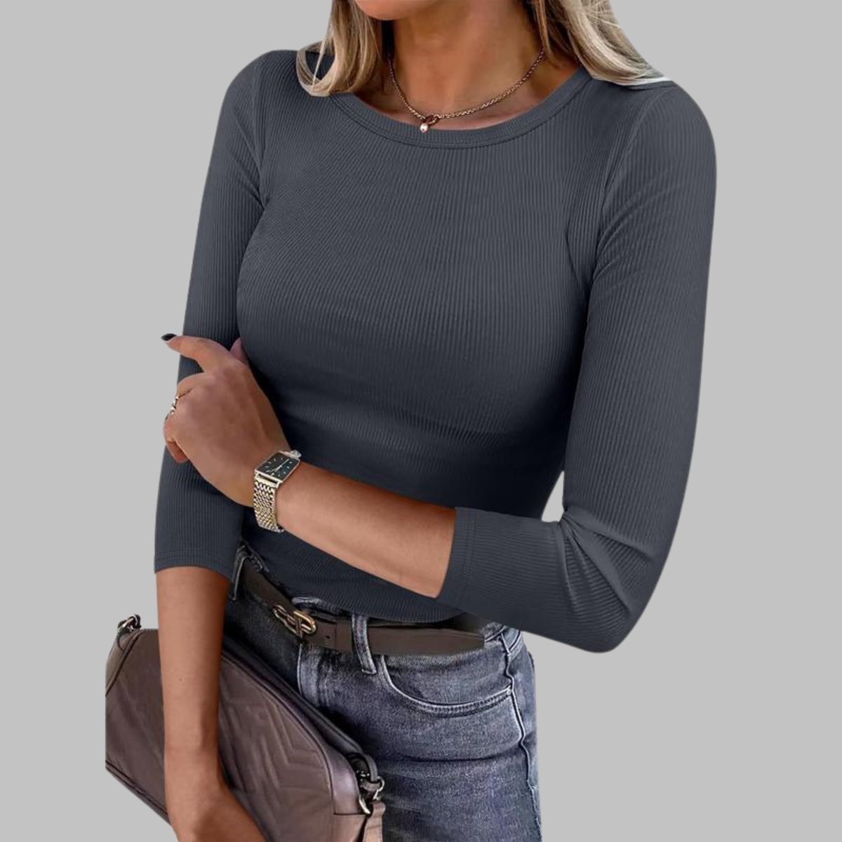 DAVINA - Casual Plain Crewneck Slim-Fit Top