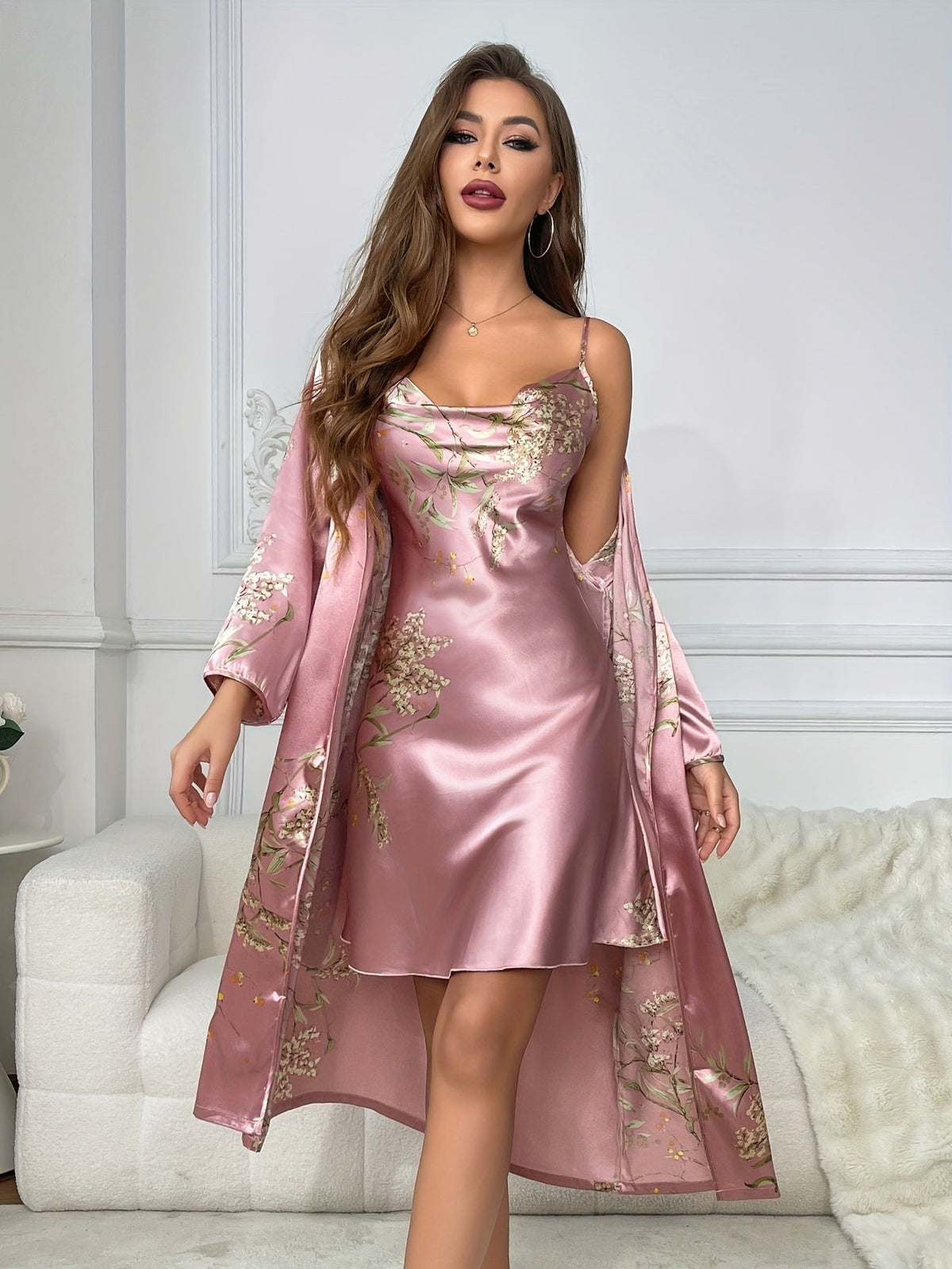 Rosalynn | 2-Piece Floral Satin Camisole &amp; Robe Set